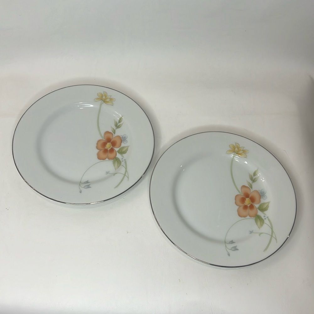 Annabelle Fine China Japan Saucer 6 1/4 In Round Floral Set 2 Silver Rim Vintage